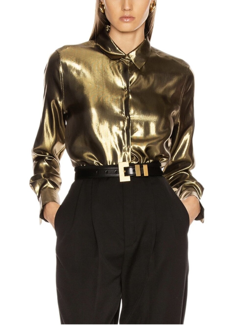 Equipment Femme Burnel Metallic Gold Button-Down Silk Blend Blouse Shirt Sz L